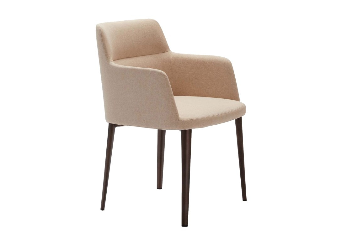 Neutral Beige Upholstered Dining Chair with Arms Bronze Legs DOMO