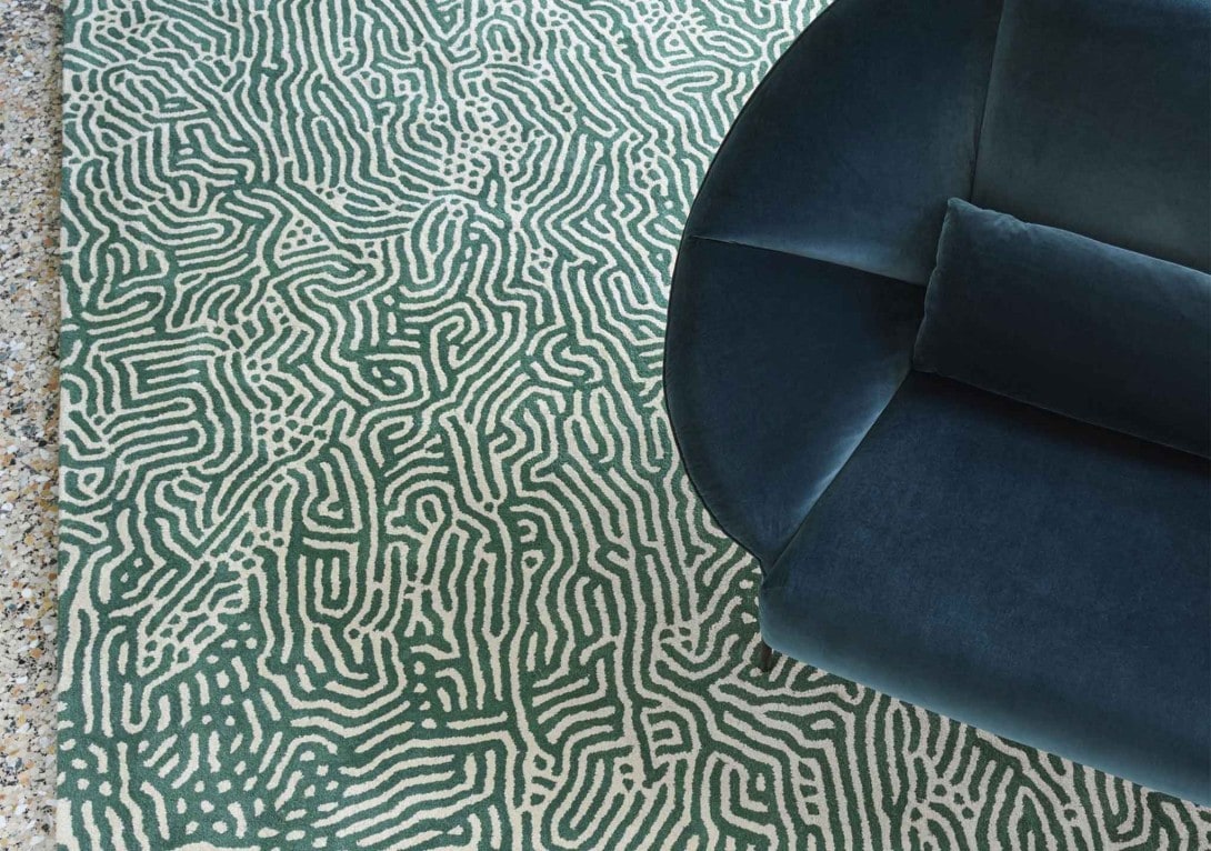 Ligne Roset Ecume Rug in Green and white graphic line pattern modern DOMO