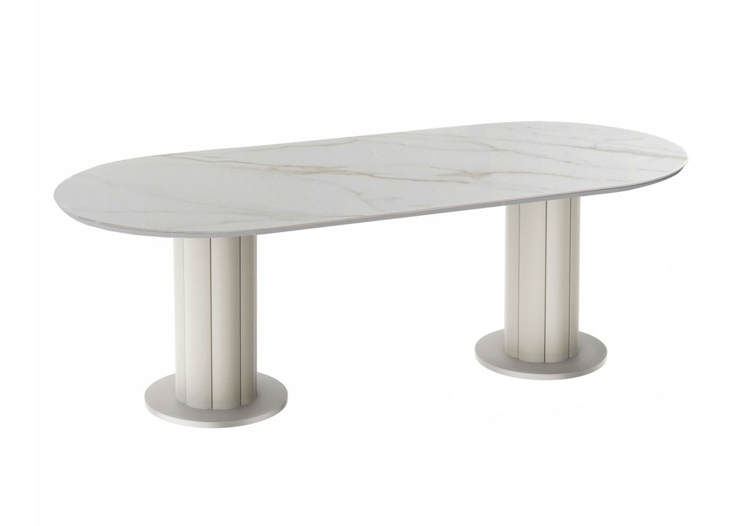 Kun Design Lotus Oval Dining Table: Calacata Gold Top Olive Grey