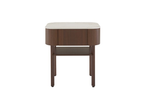 Rounded Bedside Table with drawer in Dark Walnut and White Marble Effect Stoneware Top